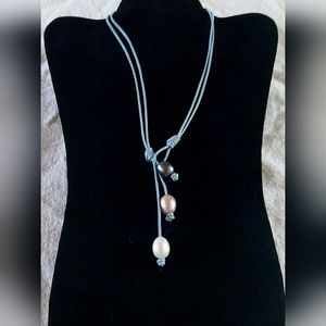 Handmade Peacock, Pink & White And Sky Blue Leather 2-Way Necklace